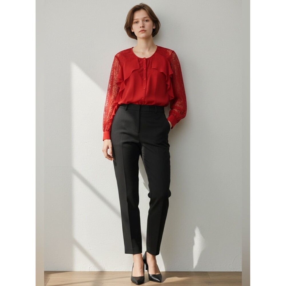 Bisou Bisou Michele Bombot Ruffle Lace Sheer Blouse XL Red Romantic Cocktail